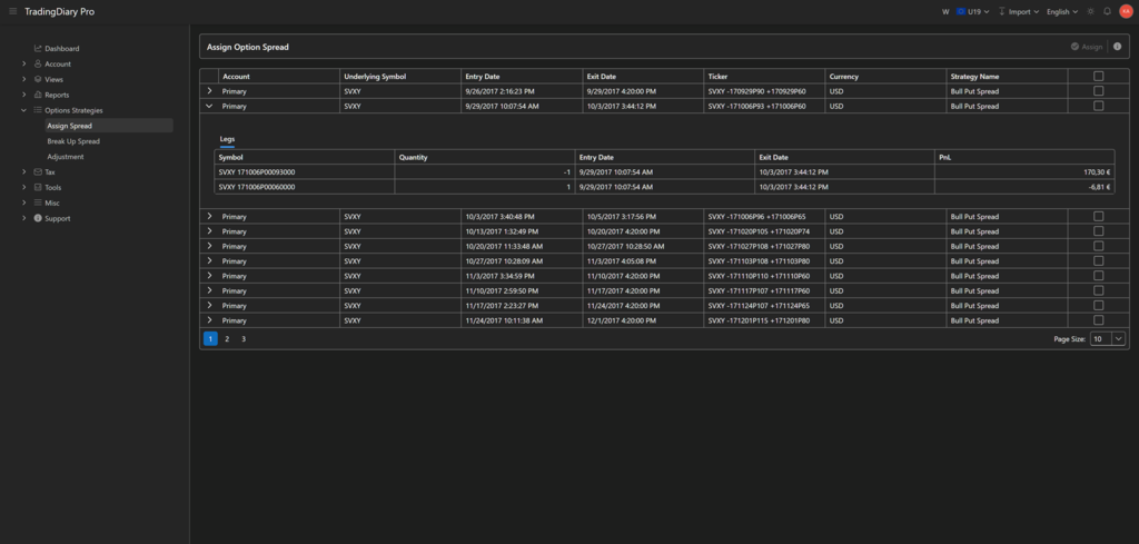 Assign Option Spread screen in the TradingDiary Pro web version